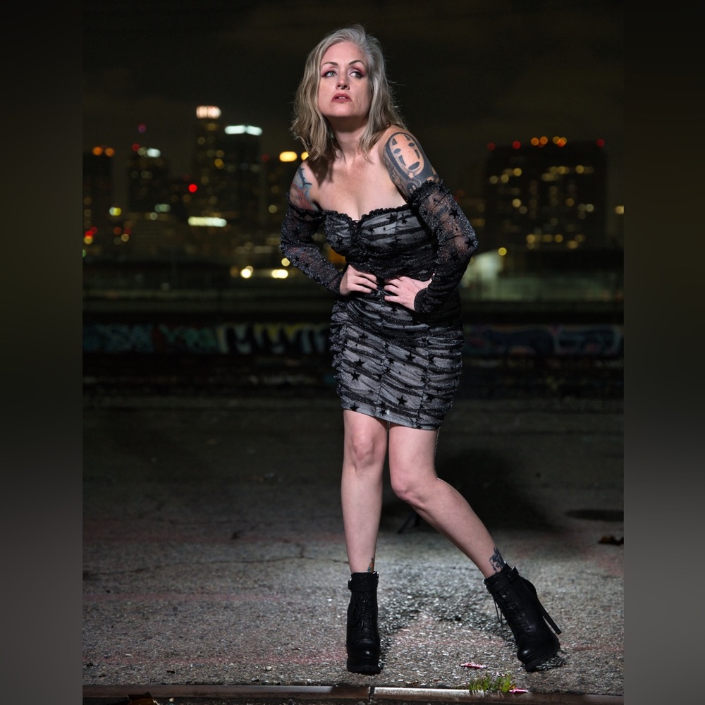 'Cosmic Storm' star print mesh ruched dress